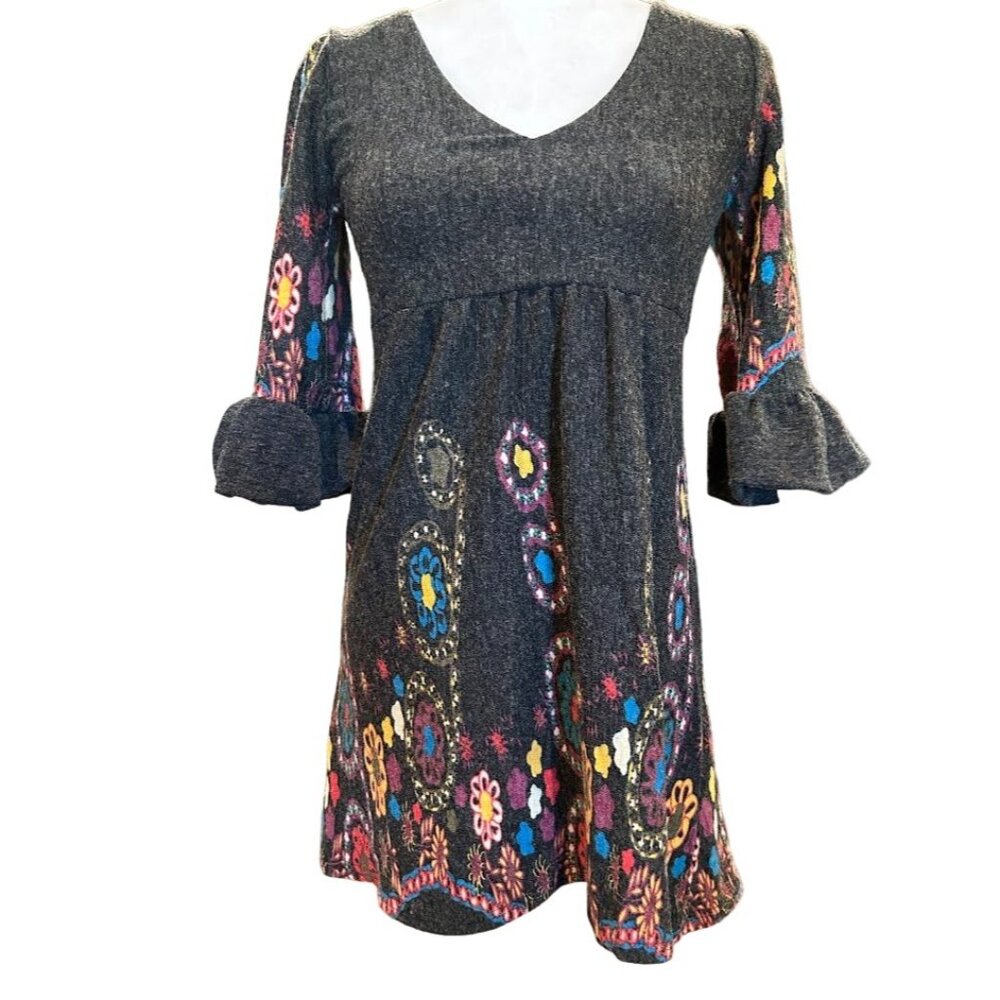 OB2-12 Womens Small Dress Dark Gray Flared 3/4‎ Sleeve Bohemian Style